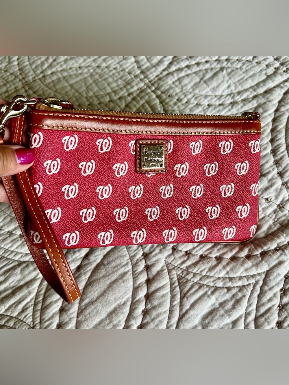 Dooney & Bourke Red Logo Print Zip Wristlet MLB licensed.